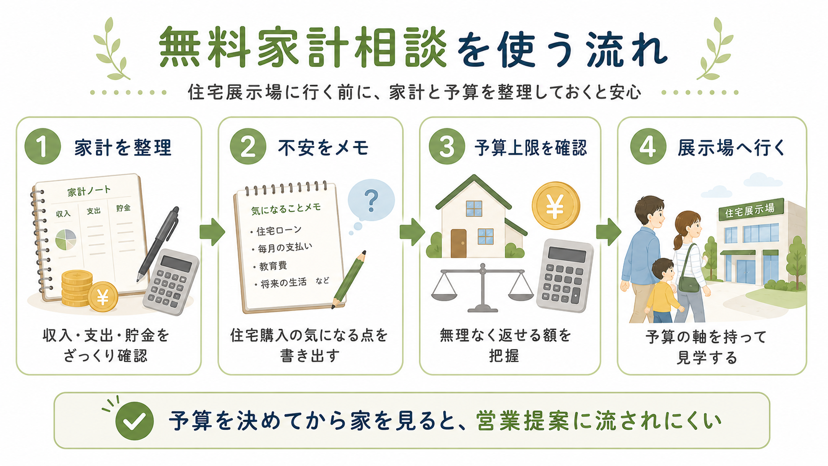 住宅展示場に行く前に無料家計相談を使う流れ